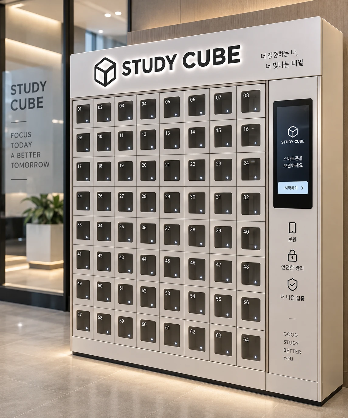 스터디큐브 스마트폰 보관함 — 64구 스마트 락커 키오스크